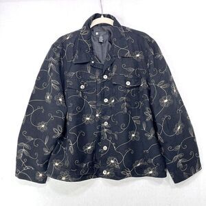 Vintage Carole Little Jacket Women 1X Black Silk Blend Floral Embroidered Art